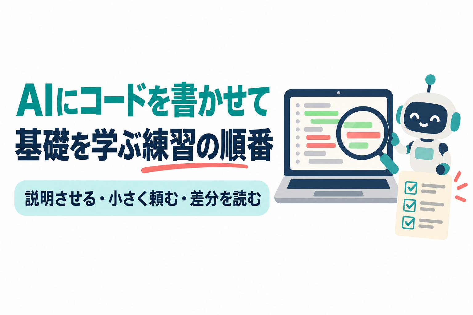 左に「AIにコードを書かせて」「基礎を学ぶ練習の順番」の見出しと「説明させる・小さく頼む・差分を読む」の帯、右に緑と赤の行が強調されたコード画面を虫眼鏡で見るノートパソコン、小さなロボット、チェックリストのイラスト。画像内の文字：AIにコードを書かせて 基礎を学ぶ練習の順番 説明させる・小さく頼む・差分を読む