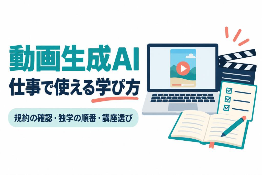 左に「動画生成AI」「仕事で使える学び方」の見出しと「規約の確認・独学の順番・講座選び」の帯、右に再生ボタン付きの縦長の動画を表示したノートパソコン、カチンコ、チェックリスト、開いたノートと鉛筆のイラスト。画像内の文字：動画生成AI 仕事で使える学び方 規約の確認・独学の順番・講座選び
