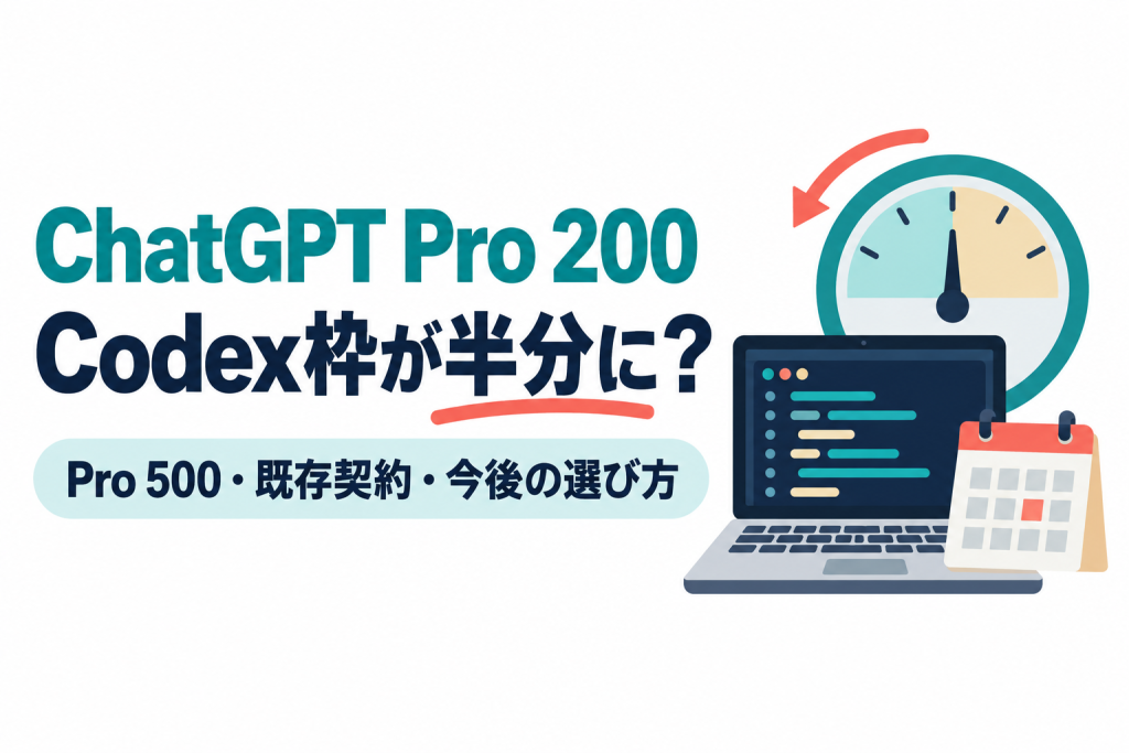左に「ChatGPT Pro 200」「Codex枠が半分に？」の見出しと「Pro 500・既存契約・今後の選び方」の帯、右に針が半分まで下がったメーター、コードが並ぶノートパソコン、カレンダーのイラスト。Pro 200の利用枠の変更を解説する記事のサムネイル。画像内の文字：ChatGPT Pro 200 Codex枠が半分に？ Pro 500・既存契約・今後の選び方
