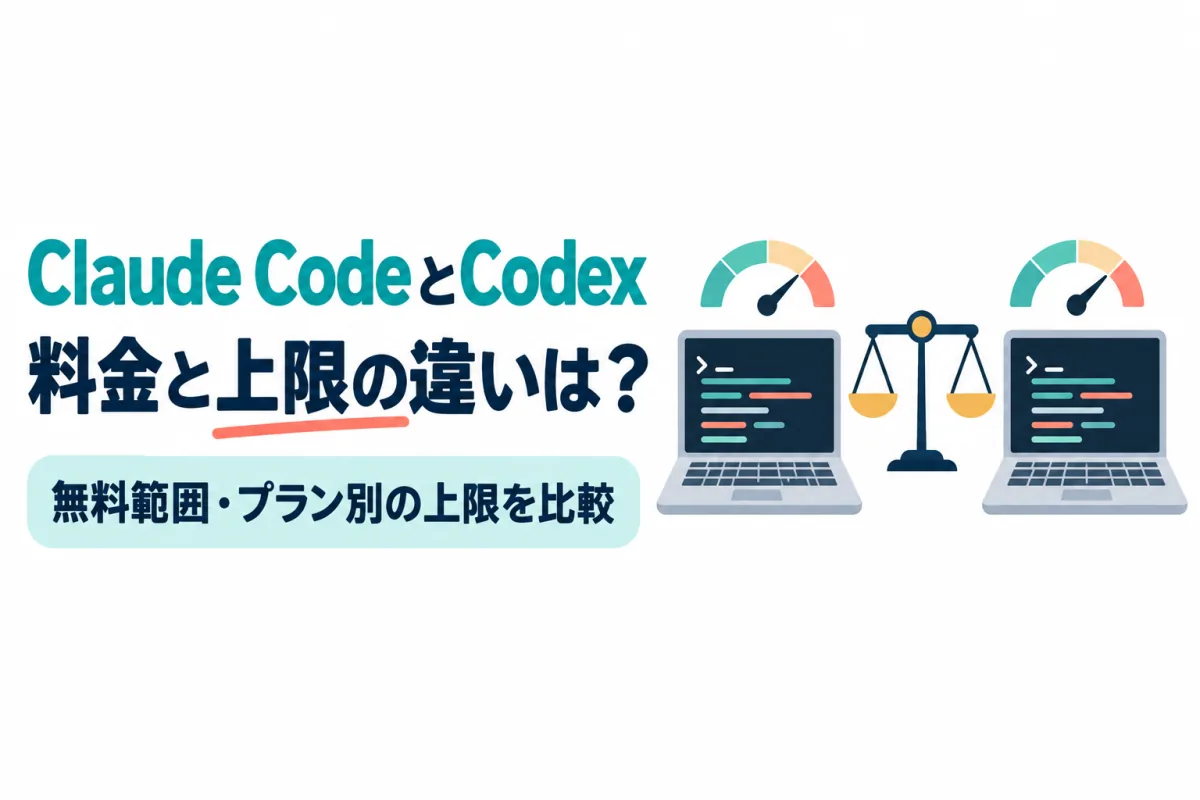 ノートパソコン2台と天びんのイラスト。画像内の文字:Claude CodeとCodex 料金と上限の違いは? 無料範囲・プラン別の上限を比較