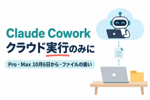 左に「Claude Cowork」「クラウド実行のみに」の見出しと「Pro・Max 10月6日から・ファイルの扱い」の帯、右に机の上のノートパソコンとフォルダから、点線に沿って1枚の書類が雲の中でパソコン作業をするロボットへ運ばれるイラスト。画像内の文字：Claude Cowork クラウド実行のみに Pro・Max 10月6日から・ファイルの扱い