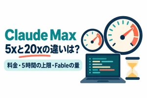 大小2つのメーターとコードが映るノートパソコン、砂時計のイラスト。画像内の文字：Claude Max 5xと20xの違いは？ 料金・5時間の上限・Fableの量
