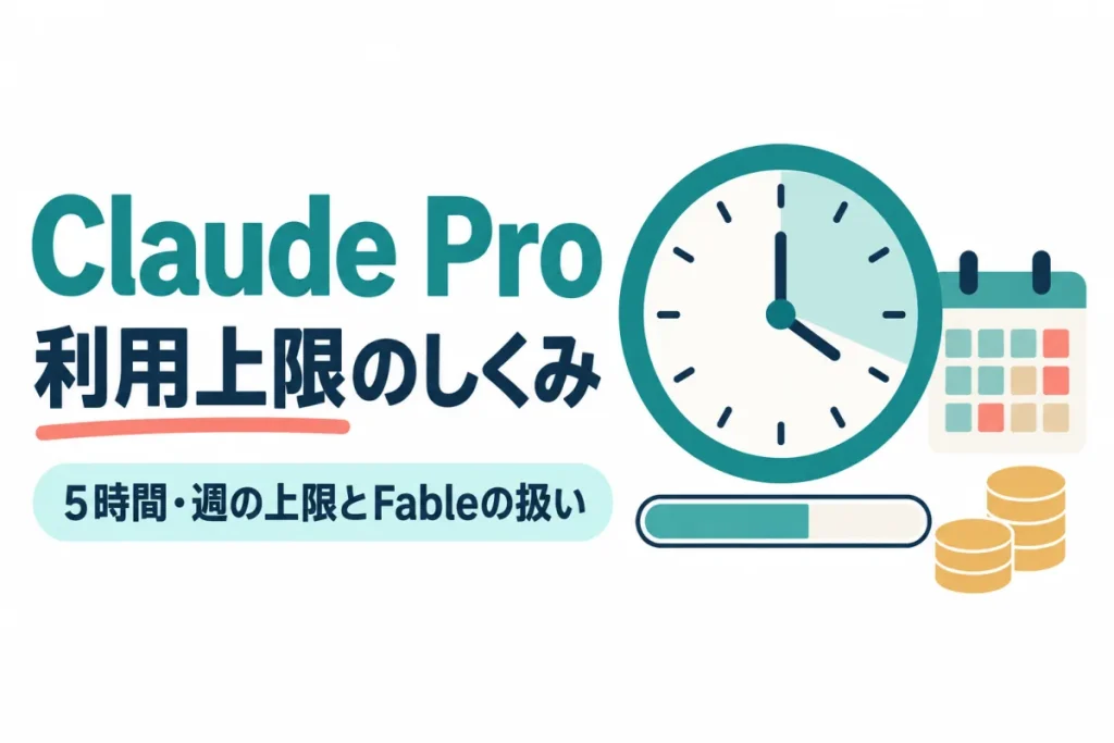 左に「Claude Pro」「利用上限のしくみ」の見出しと「5時間・週の上限とFableの扱い」の帯、右に時計・カレンダー・進み具合のバー・積んだコインのイラスト。画像内の文字：Claude Pro 利用上限のしくみ 5時間・週の上限とFableの扱い
