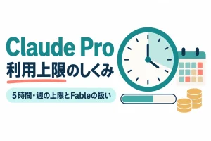 左に「Claude Pro」「利用上限のしくみ」の見出しと「5時間・週の上限とFableの扱い」の帯、右に時計・カレンダー・進み具合のバー・積んだコインのイラスト。画像内の文字：Claude Pro 利用上限のしくみ 5時間・週の上限とFableの扱い