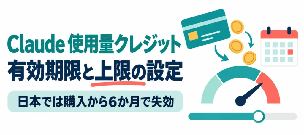 カードから硬貨がメーターへ流れ、横にカレンダーとスライダーがあるイラスト。画像内の文字：Claude 使用量クレジット 有効期限と上限の設定 日本では購入から6か月で失効