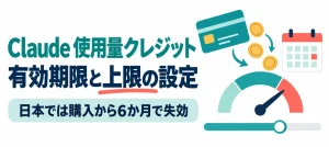 カードから硬貨がメーターへ流れ、横にカレンダーとスライダーがあるイラスト。画像内の文字：Claude 使用量クレジット 有効期限と上限の設定 日本では購入から6か月で失効
