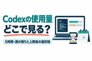 ノートパソコンと砂時計、週のカレンダーのイラスト。画像内の文字：Codexの使用量 どこで見る？ 5時間・週の残りと上限後の選択肢
