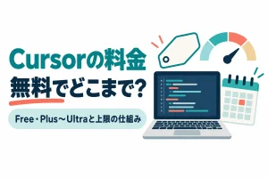 コードが表示されたノートパソコンと値札、メーター、カレンダーのイラスト。画像内の文字：Cursorの料金 無料でどこまで？ Free・Plus〜Ultraと上限の仕組み