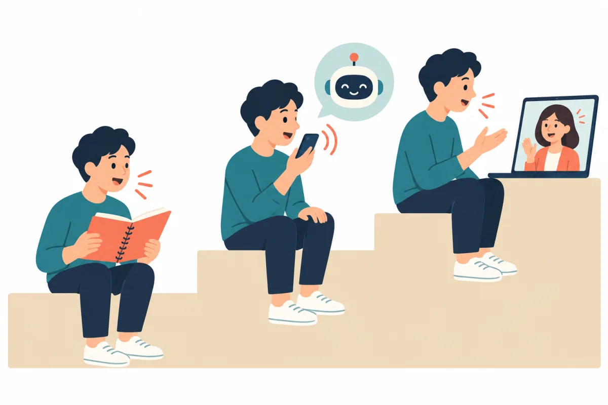 3段の階段で、1段目で本を音読し、2段目でAIロボットの吹き出しが出たスマホに話しかけ、3段目でノートパソコンの講師とビデオ通話する人のイラスト