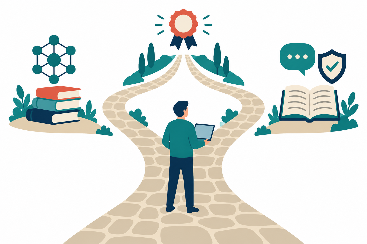 ノートパソコンを持った人が石畳の道の分かれ目に立っているイラスト。左の道の先には本の山とネットワークの図、右の道の先には開いた本と吹き出し・盾の図があり、2つの道は奥で合流して合格のバッジへ続いている。AI全般の仕組みを学ぶG検定と、生成AIの使い方とリスクを学ぶ生成AIパスポートのどちらから進むかを表している