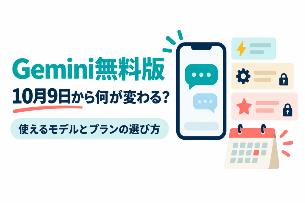 左に「Gemini無料版」「10月9日から何が変わる？」の見出しと「使えるモデルとプランの選び方」の帯、右にチャットの吹き出しが出たスマートフォンと、稲妻・歯車・星のアイコンが付いた3枚のカード（歯車と星のカードには鍵）、カレンダーのイラスト。Geminiアプリの無料版で使えるモデルが変わることを扱う記事のサムネイル。画像内の文字：Gemini無料版 10月9日から何が変わる？ 使えるモデルとプランの選び方