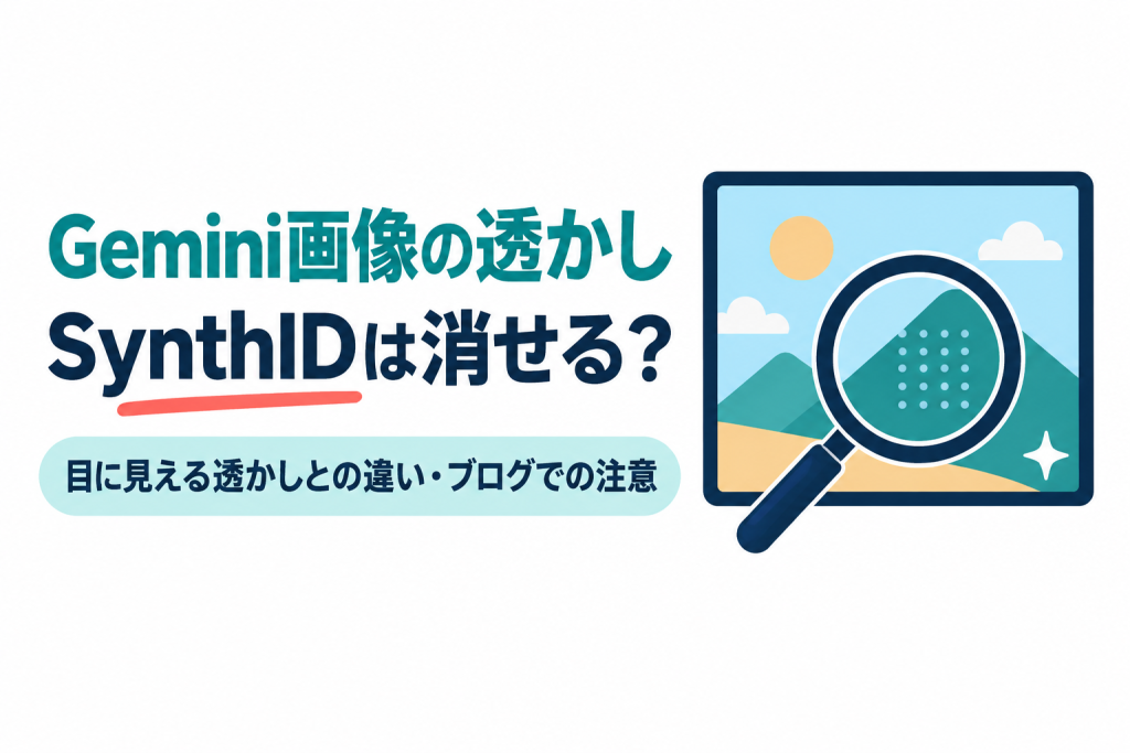 左に「Gemini画像の透かし」「SynthIDは消せる？」の見出しと「目に見える透かしとの違い・ブログでの注意」の帯、右に山と太陽の風景画の上に虫眼鏡を当てると、画像の中に隠れた点の模様が見えるイラスト。画像内の文字：Gemini画像の透かし SynthIDは消せる？ 目に見える透かしとの違い・ブログでの注意