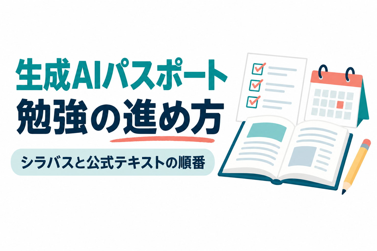 左に「生成AIパスポート」「勉強の進め方」の見出しと「シラバスと公式テキストの順番」の帯、右に開いたテキスト、チェックリスト、カレンダー、鉛筆のイラスト。生成AIパスポートの勉強の順番を扱う記事のサムネイル。画像内の文字:生成AIパスポート 勉強の進め方 シラバスと公式テキストの順番