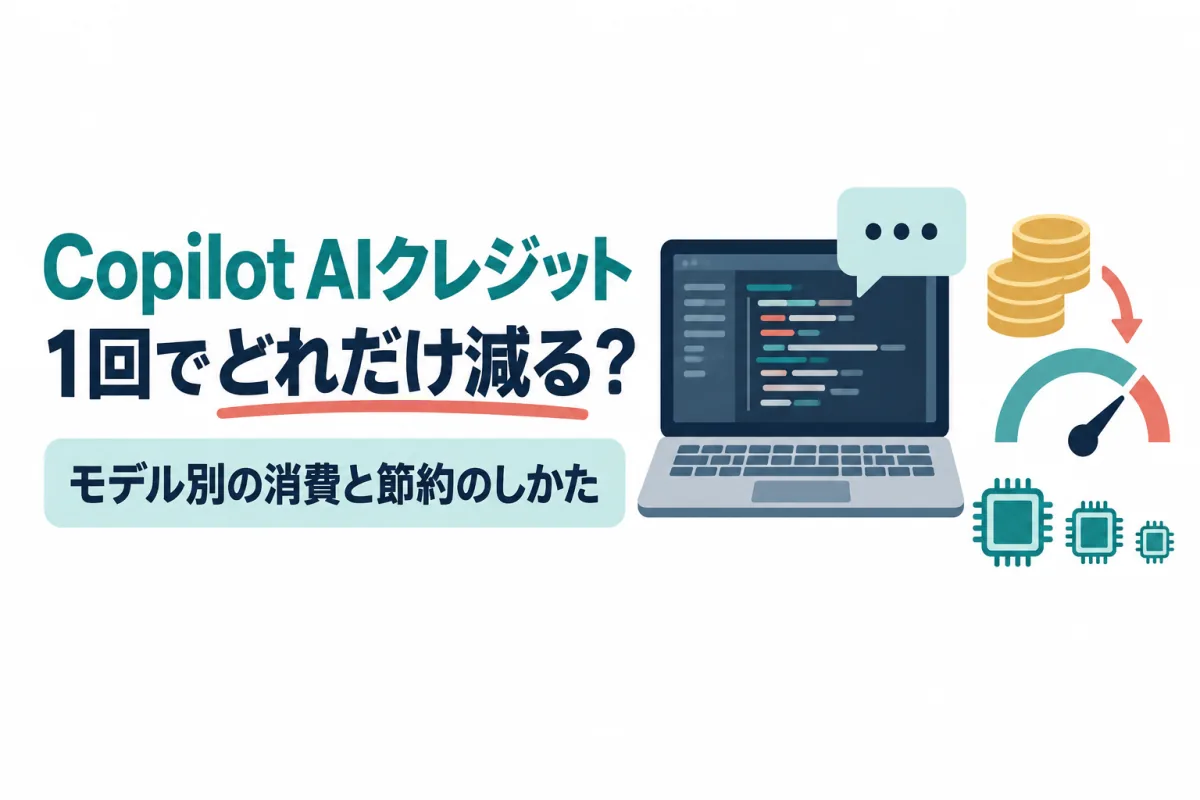 ノートパソコンとコイン、メーターのイラスト。画像内の文字:Copilot AIクレジット 1回でどれだけ減る? モデル別の消費と節約のしかた