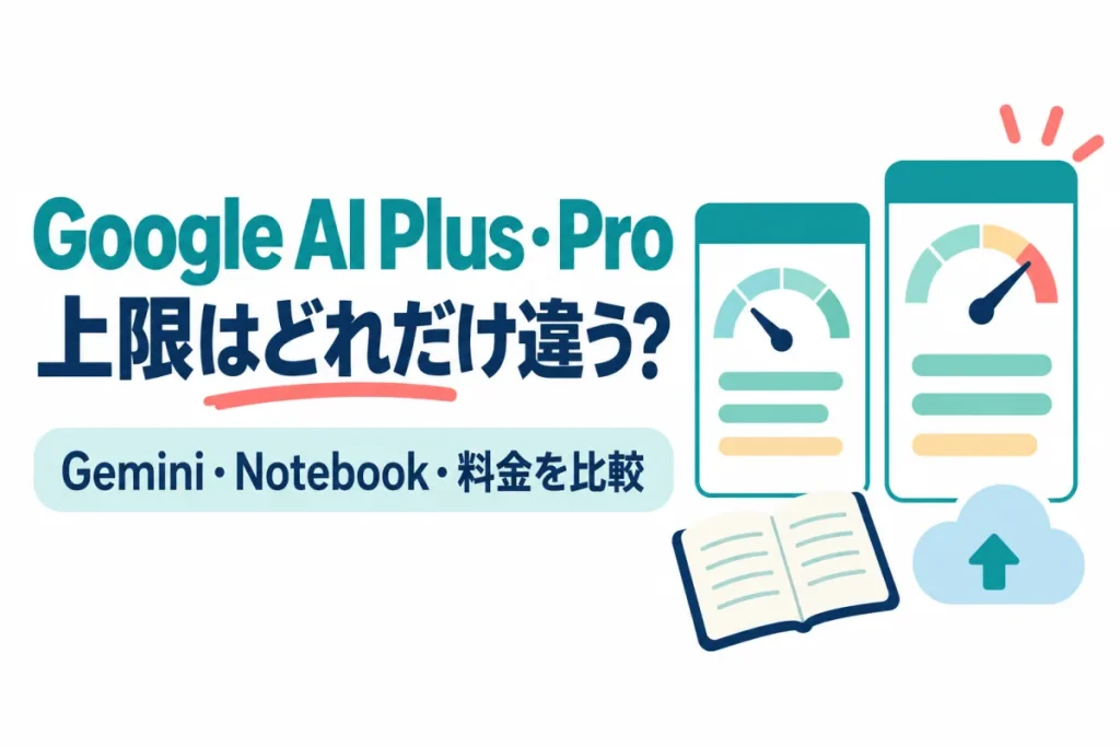 メーター付きカード2枚とノートの絵。画像内の文字：Google AI Plus・Pro 上限はどれだけ違う？ Gemini・Notebook・料金を比較