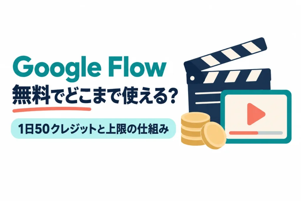 カチンコとコインの山と再生画面の絵。画像内の文字：Google Flow 無料でどこまで使える？ 1日50クレジットと上限の仕組み