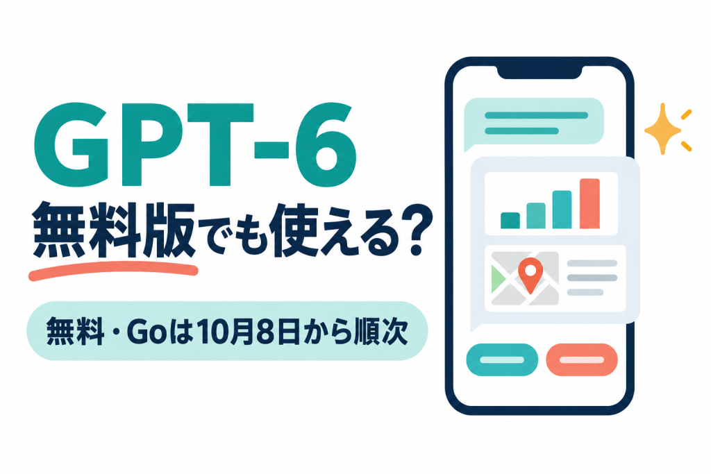 左に「GPT-6」「無料版でも使える？」の見出しと「無料・Goは10月8日から順次」の帯、右に棒グラフ・地図のピン・2つのボタンが入った回答を表示するスマートフォンのイラスト。画像内の文字：GPT-6 無料版でも使える？ 無料・Goは10月8日から順次