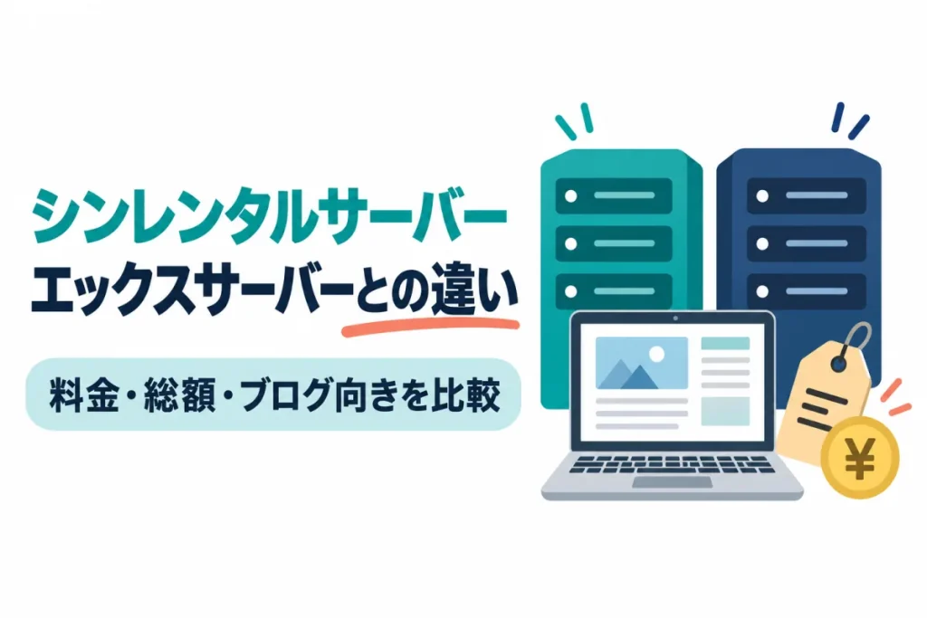 2台のサーバーとノートパソコン、値札のイラスト。画像内の文字：シンレンタルサーバー エックスサーバーとの違い 料金・総額・ブログ向きを比較