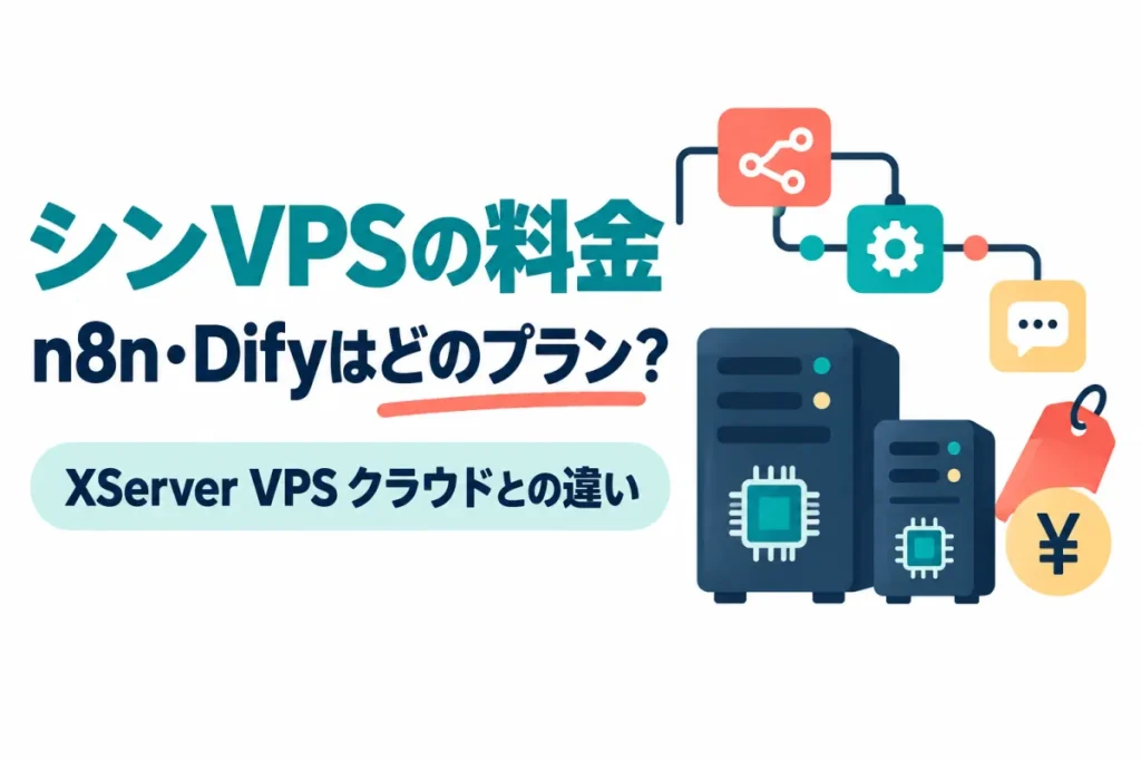 大小2台のサーバーと値札のイラスト。画像内の文字：シンVPSの料金 n8n・Difyはどのプラン？ XServer VPS クラウドとの違い