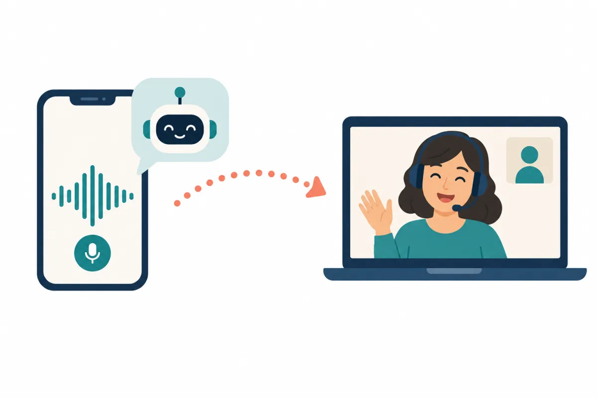 AIロボットの吹き出しと音声の波形が出たスマホから、講師がビデオ通話で手を振るノートパソコンへ点線の矢印が伸びるイラスト