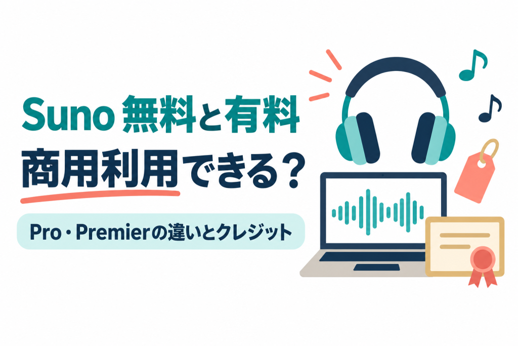 左に「Suno 無料と有料」「商用利用できる？」の見出しと「Pro・Premierの違いとクレジット」の帯、右にヘッドホン、音の波形を映したノートパソコン、音符、値札、リボン付きの証書のイラスト。Sunoの無料プランと有料プランの違いと商用利用の条件を扱う記事のサムネイル。画像内の文字：Suno 無料と有料 商用利用できる？ Pro・Premierの違いとクレジット