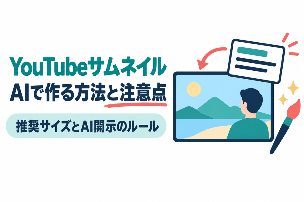 左に「YouTubeサムネイル」「AIで作る方法と注意点」の見出しと「推奨サイズとAI開示のルール」の帯、右に風景と人物の横長の画像カードへ文字のカードを重ねる矢印と絵筆のイラスト。YouTubeのサムネイルをAIで作る方法を扱う記事のサムネイル。画像内の文字：YouTubeサムネイル AIで作る方法と注意点 推奨サイズとAI開示のルール